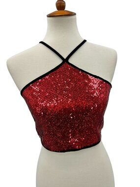 Red Sequin Halter Crop Top With Black Lace-Up Back Design Size 38/6
